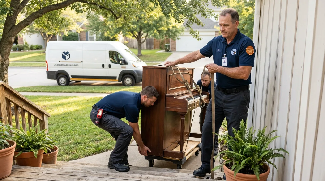 Licensed piano movers securing grand piano in Woodbury, CT