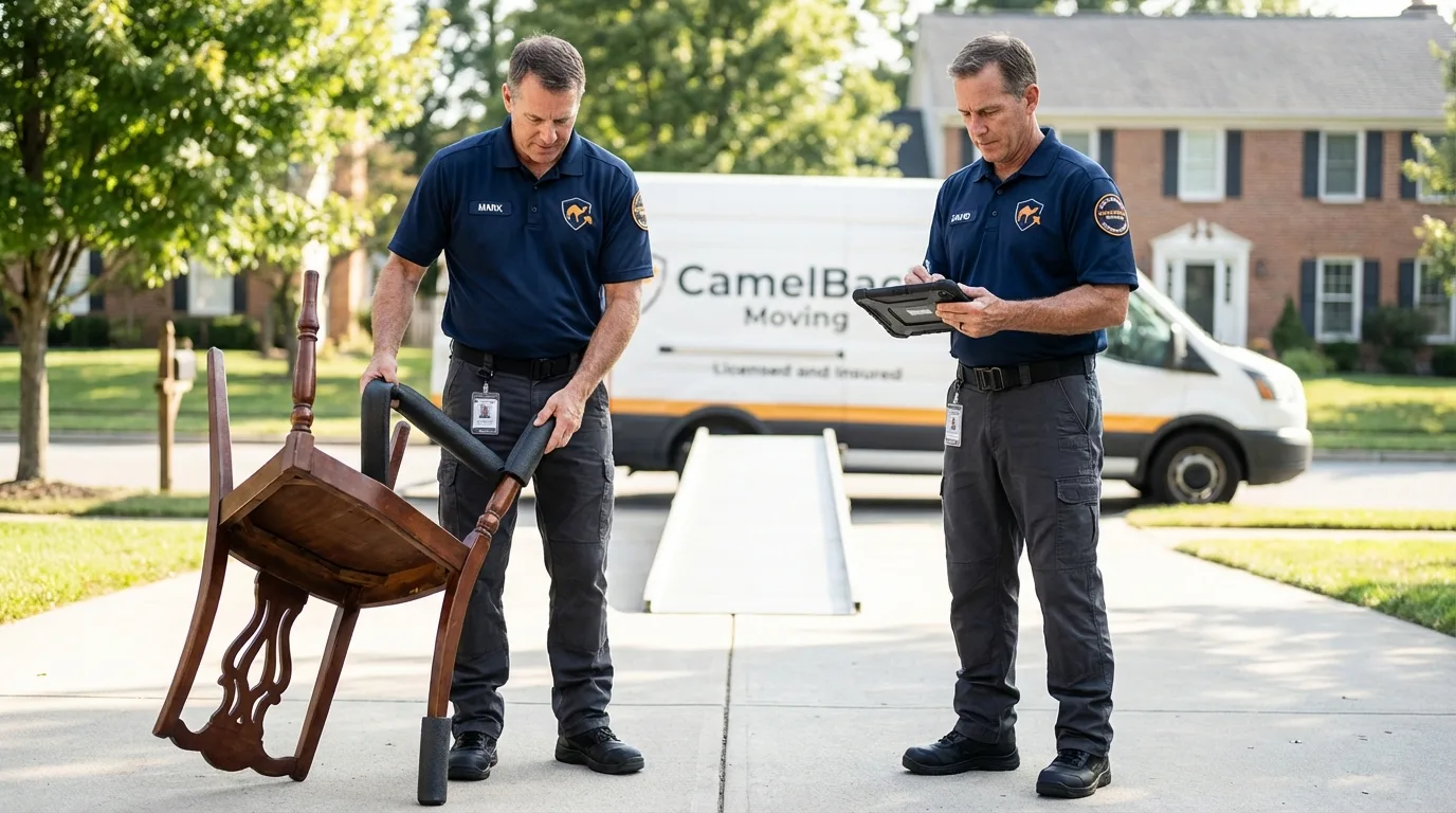 Movers inspecting furniture for damage prevention before loading in Woodbury, CT