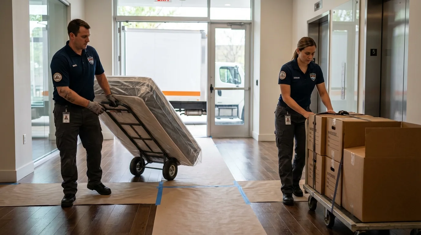 Professional apartment movers loading elevator in Woodbury, CT