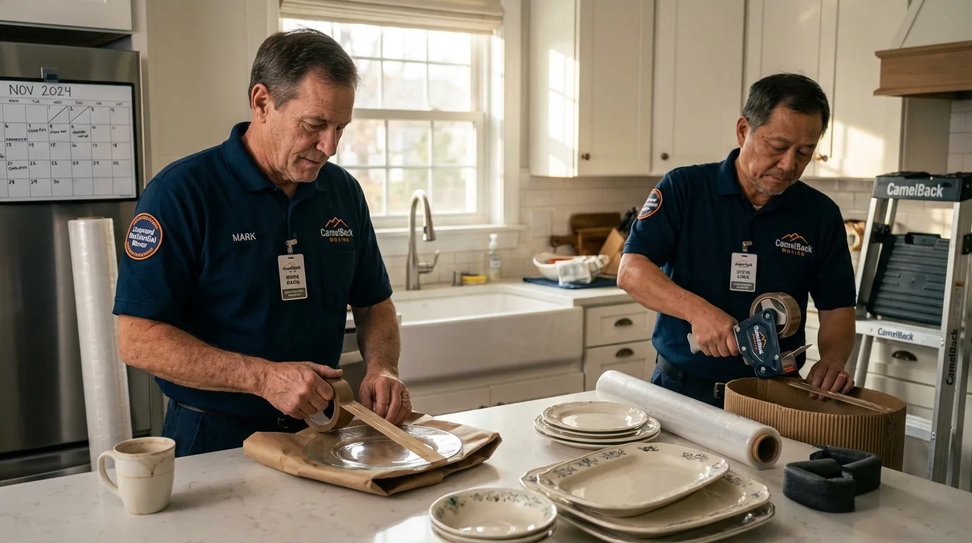 Professional crew packing kitchen dishware in Woodbury, CT